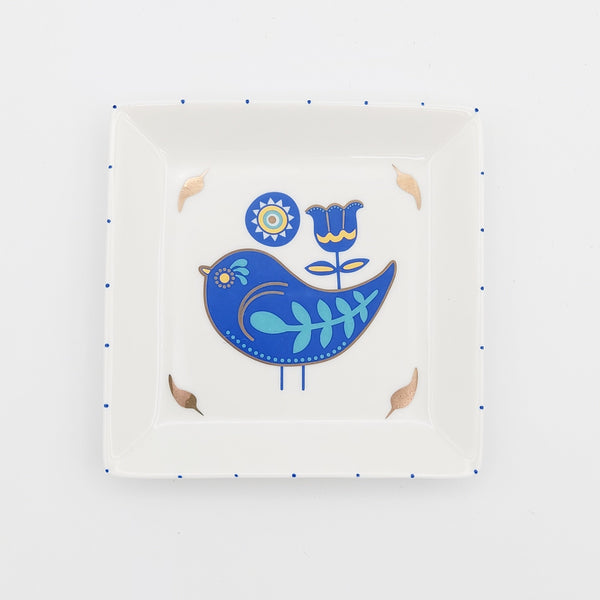 Blue Bird Square Jewelry Dish with Gold