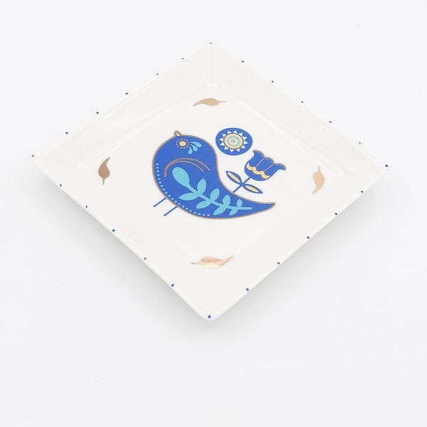 Blue Bird Square Jewelry Dish with Gold