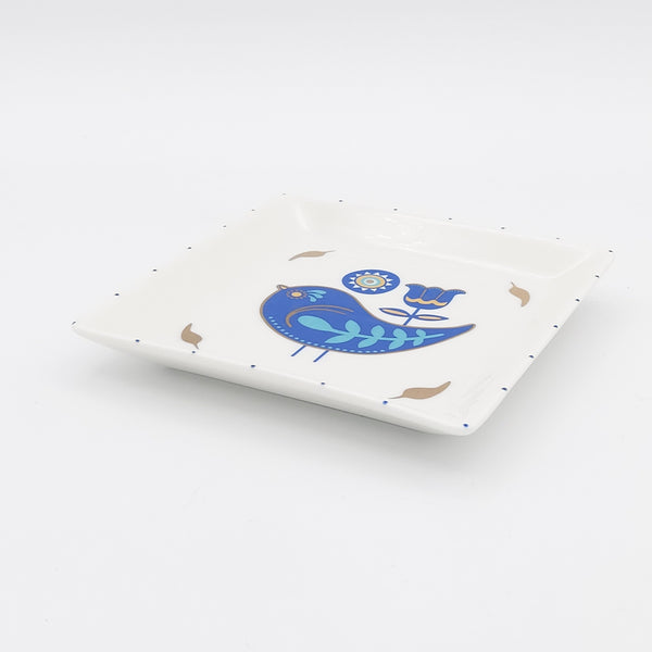 Blue Bird Square Jewelry Dish with Gold