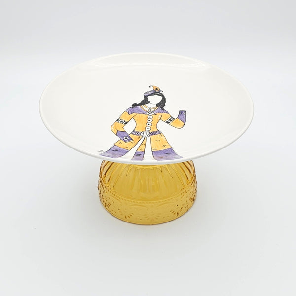 Hand Painted Qajar Dance Plate with Yellow Glass Stand