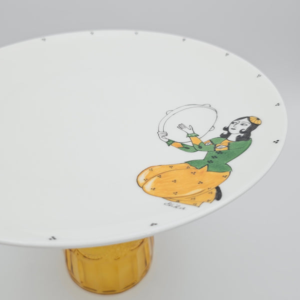 Hand Painted Qajar Daf Plate with Yellow Glass Stand