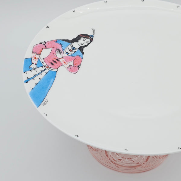 Hand Painted Qajar Lady Plate with Pink Glass Stand