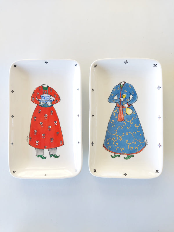 Qajar Outfit in red hand painted rectangular dish