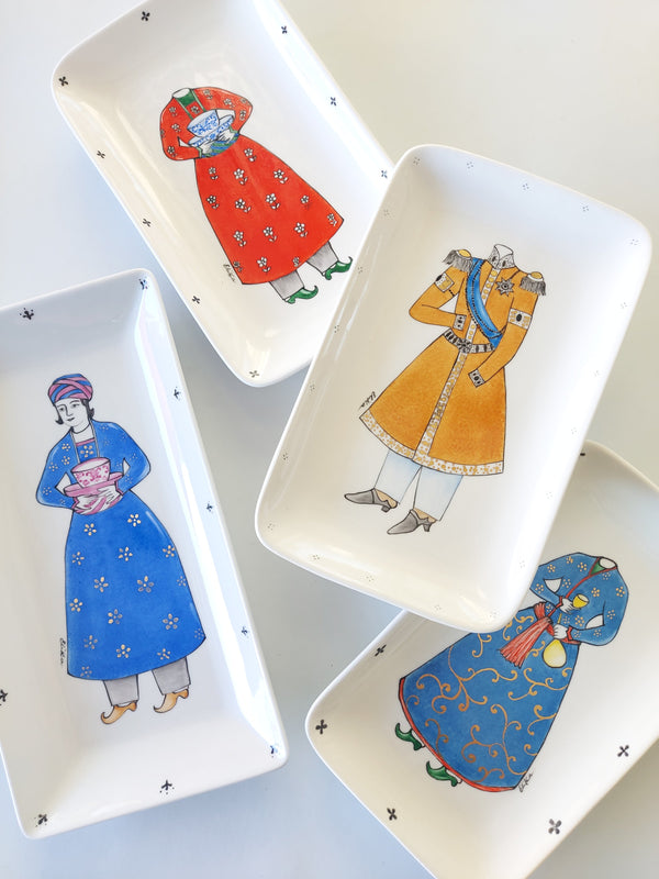 Qajar Outfit in red hand painted rectangular dish