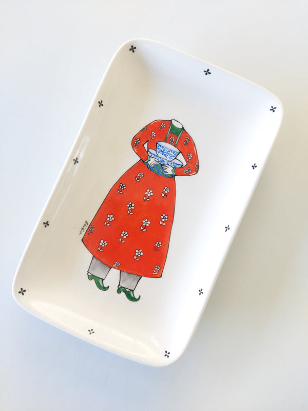 Qajar Outfit in red hand painted rectangular dish