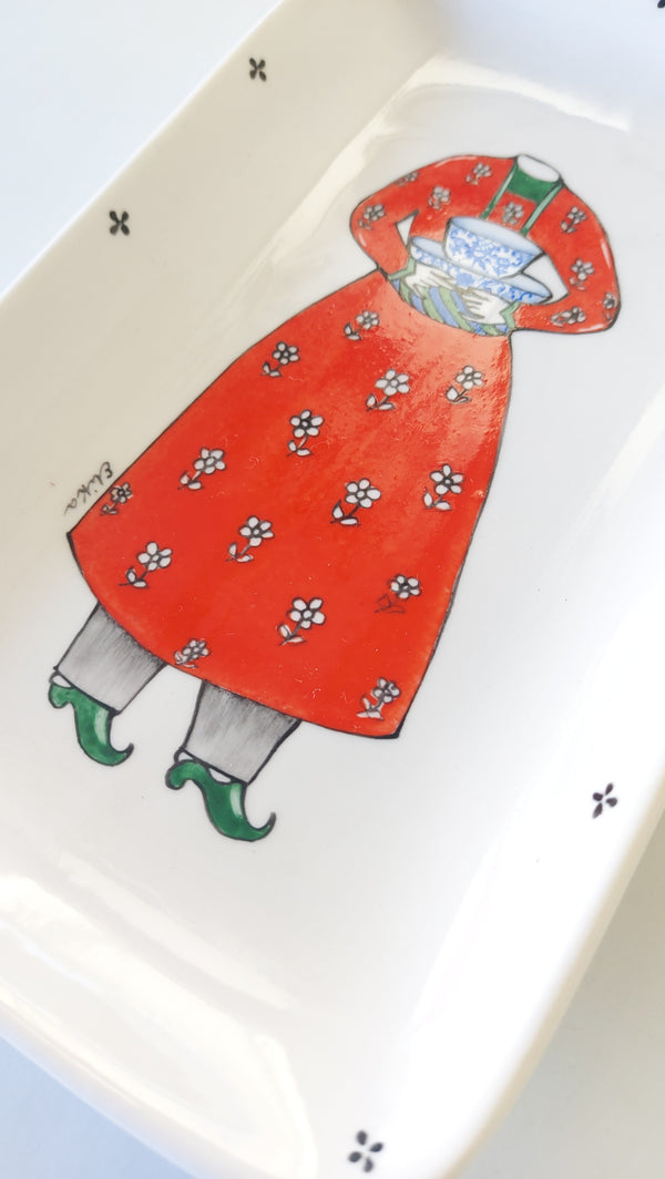 Qajar Outfit in red hand painted rectangular dish