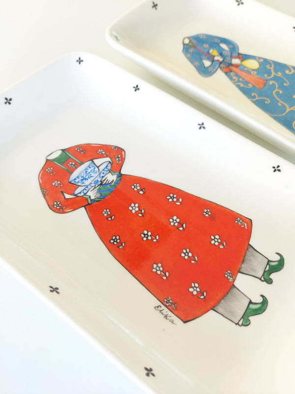 Qajar Outfit in red hand painted rectangular dish