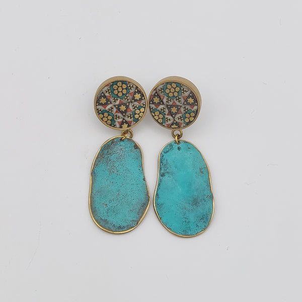 Adorn-Khatam Brass-Blue Patina Earring