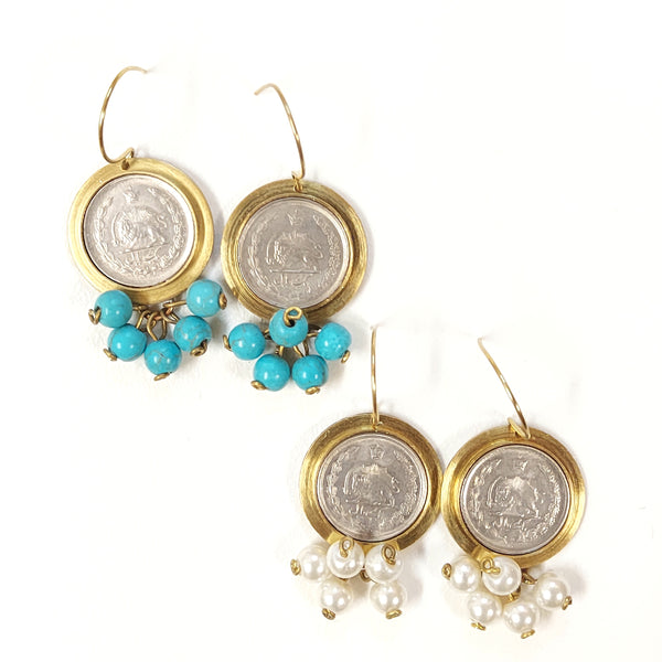 Pahlavi Coin Earrings with Cluster Drops