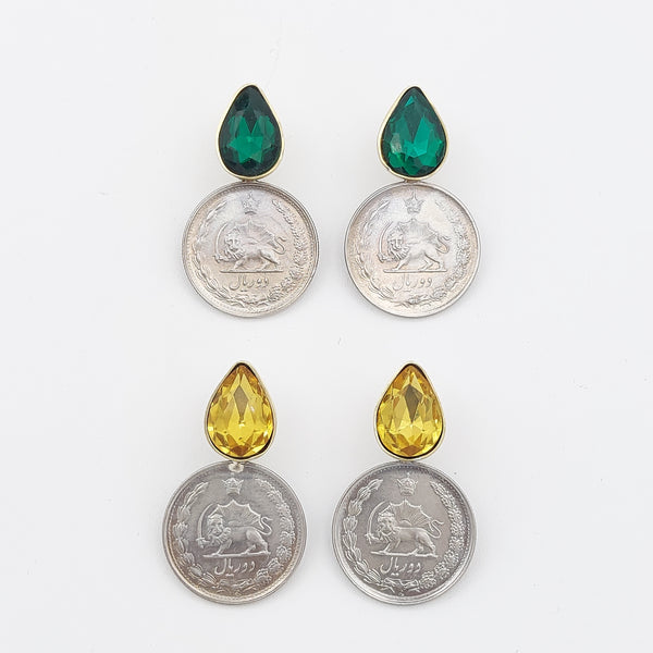 Pahlavi Coin Earrings with Tear Gem