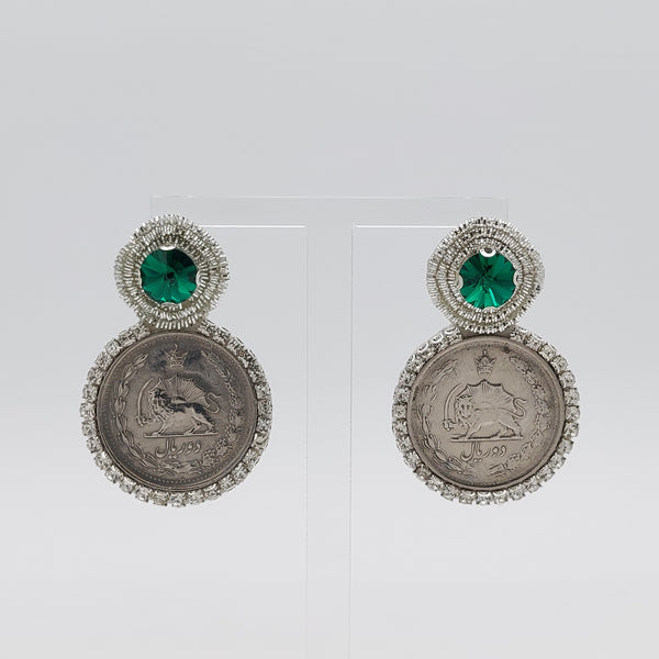 Pahlavi Coin Earrings with Round Gems and Crystals