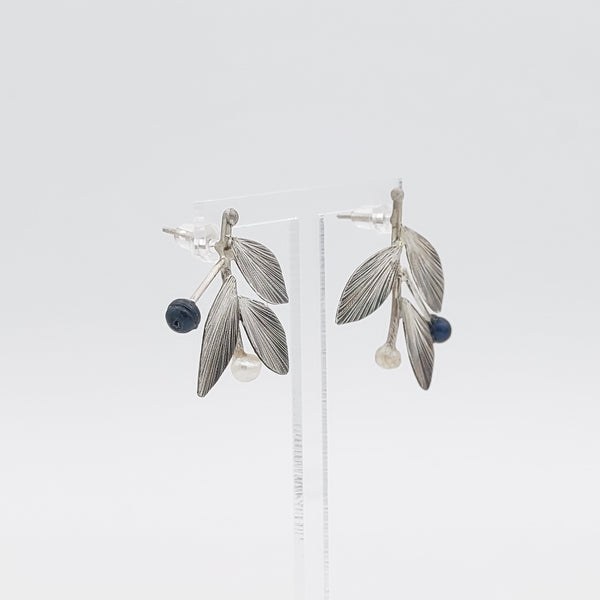 Silver Small Leaves Earrings with Pearls