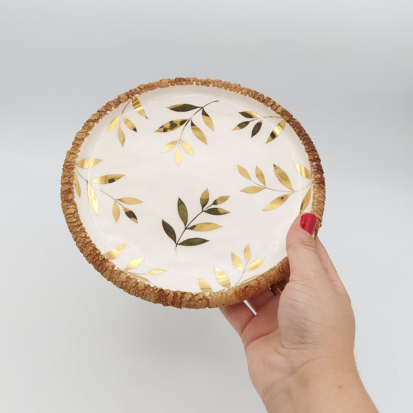 Golden Leaves Ceramic & Wood Plate