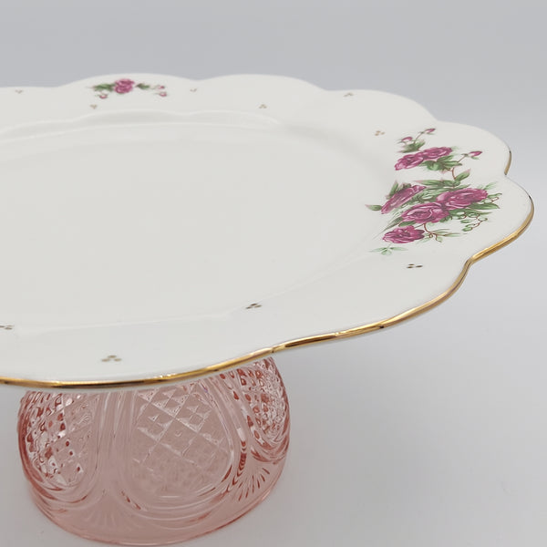 Wavy Rim Golesorkhi Plate With Gold Touches & Pink Glass Stand
