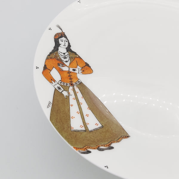 Hand Painted Qajar Lady Serving Plate with Olive Green Glass Stand