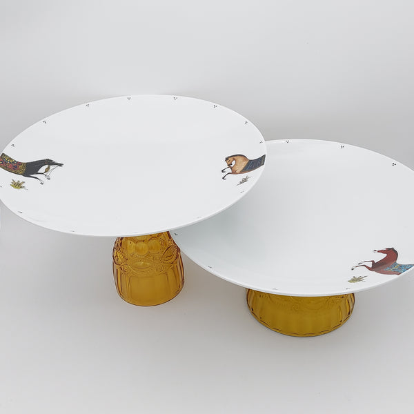 Torkaman Horses Round Plate with Amber Glass Stand