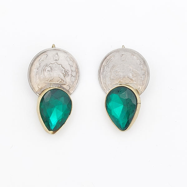 Green Tear Brass Earring with Pahlavi Coin