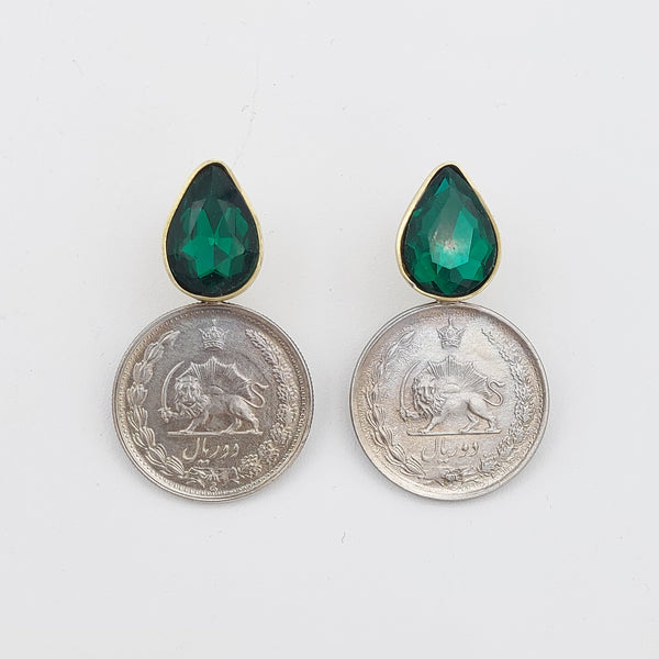 Pahlavi Coin Earrings with Tear Gem