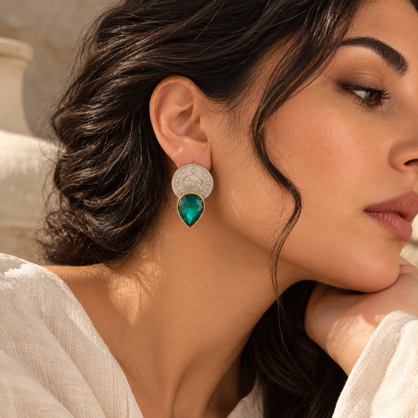 Green Tear Brass Earring with Pahlavi Coin