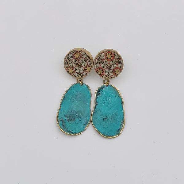 Adorn-Khatam Brass-Blue Patina Earring