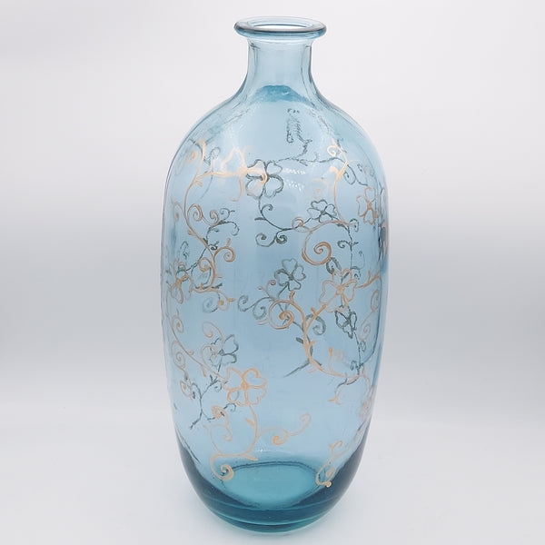 Hand Painted Gold Flowers on Blue Glass Vase