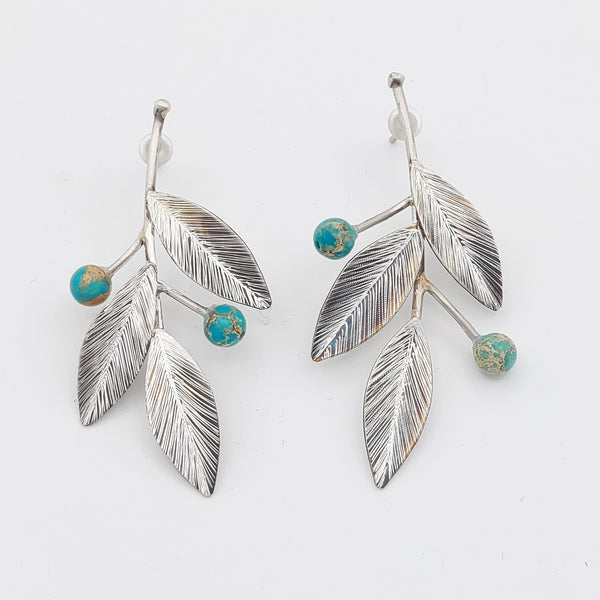 Silver Leaves Earrings with Turquoise