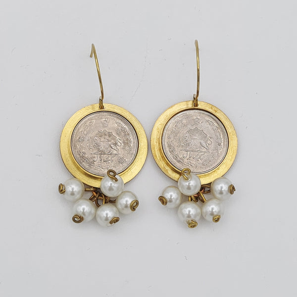 Pahlavi Coin Earrings with Cluster Drops