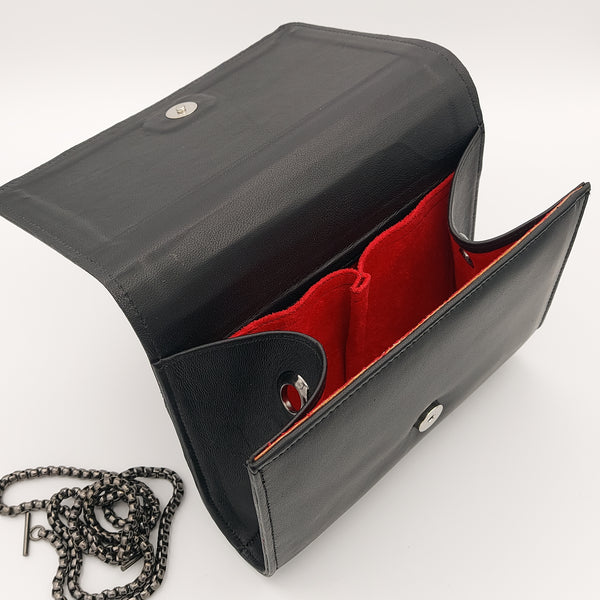 Black Leather Classic Clutch with Aquamarine