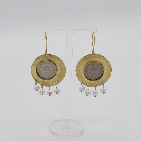 Pahlavi Coin Circle Earrings with Pearl Drops