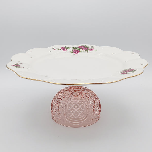 Wavy Rim Golesorkhi Plate With Gold Touches & Pink Glass Stand