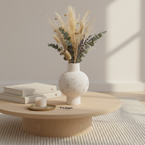 A white ceramic vase with a bulbous round body, short neck, and cylindrical base, decorated with scattered gold Arabic calligraphy on a light gray studio background.