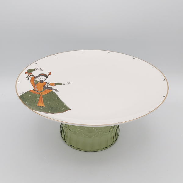 Hand Painted Qajar Lady Dancing Serving Plate with Olive Green Glass Stand