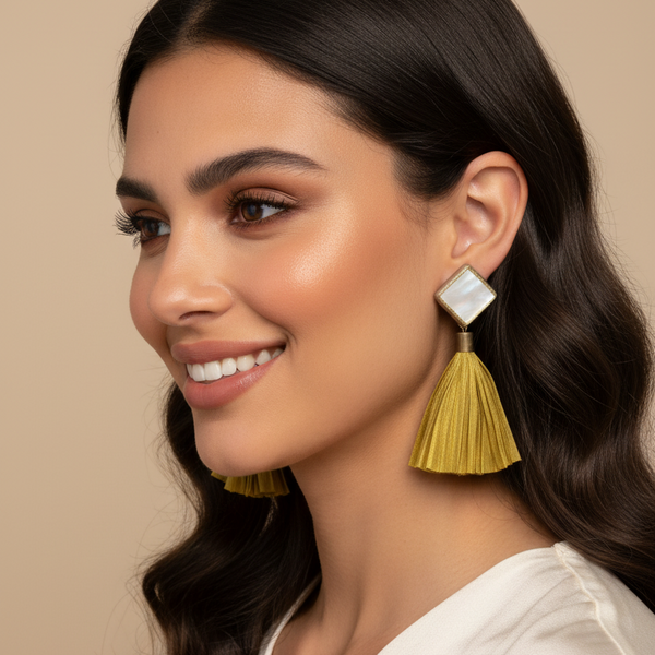 Diamond Mirror Earrings with Pleated Fabric