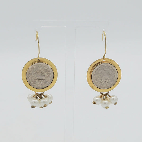 Pahlavi Coin Earrings with Cluster Drops