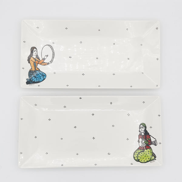 Daf & Tonbak Qajar Lady Rectangular Dish with Dots