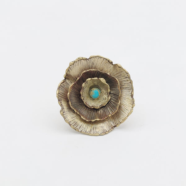 Large Brass Flower Ring with African Turquoise