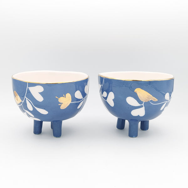 Blue Bird & Flower Footed Bowl