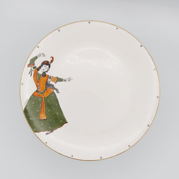 Hand Painted Qajar Lady Dancing Serving Plate with Olive Green Glass Stand