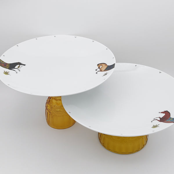 Torkaman Horses Round Plate with Amber Glass Stand