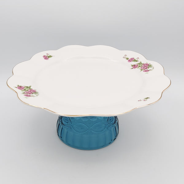 Large Wavy Golesorkhi Plate With Gold Rim & Short Blue Glass Stand