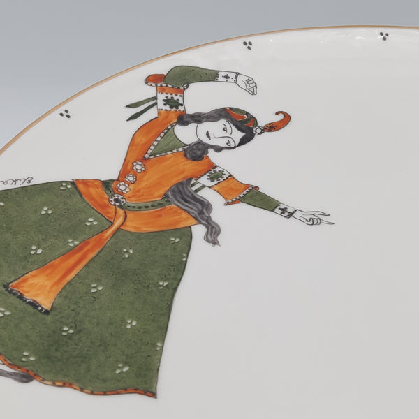 Hand Painted Qajar Lady Dancing Serving Plate with Olive Green Glass Stand