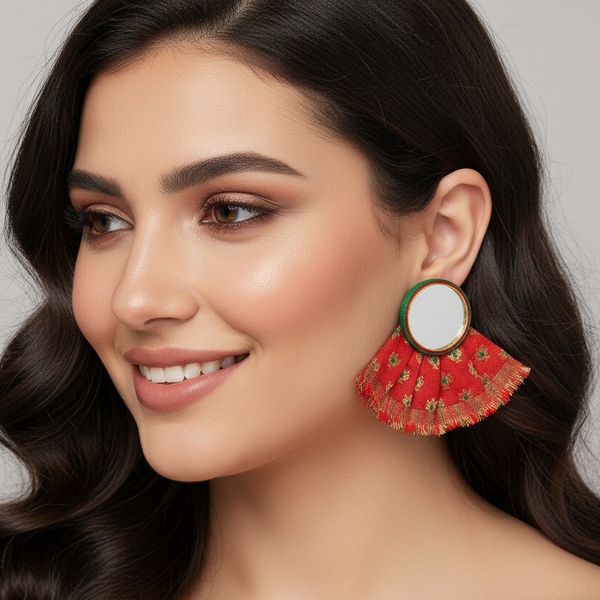 Large Red Circle Mirror Earrings with Pleated Fabric