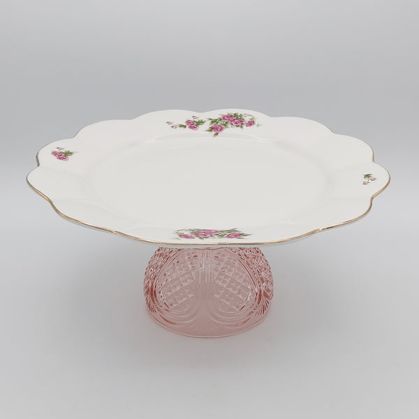 Large Wavy Golesorkhi Plate With Gold Rim & Short Pink Glass Stand