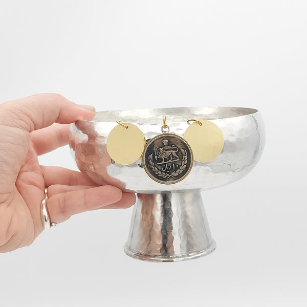 Copper Bowl with Stand & Pahlavi Coin