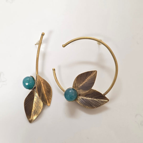 Asymmetrical Leaves Brass Earrings with Green Onyx