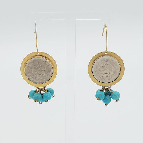 Pahlavi Coin Earrings with Cluster Drops