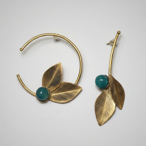 Asymmetrical Leaves Brass Earrings with Green Onyx