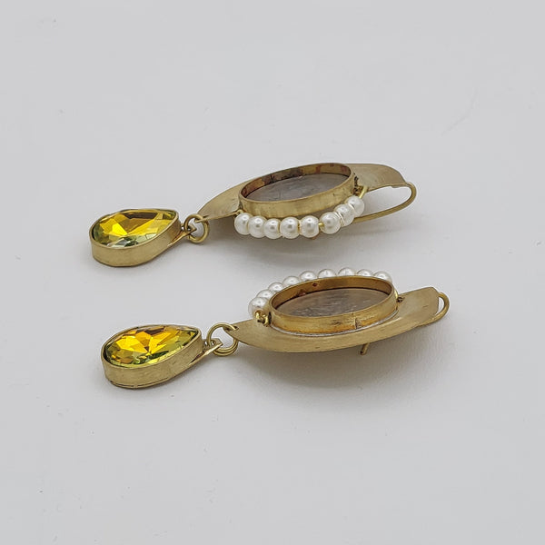 Pahlavi Coin Gem & Pearl Earrings