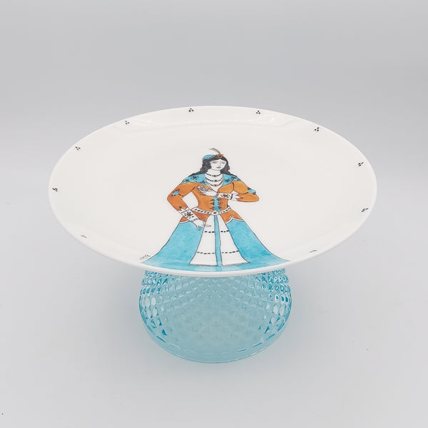 Hand Painted Qajar Lady Plate with Blue Glass Stand
