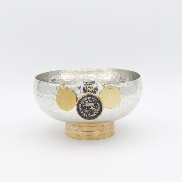 Copper Bowl with Brass Stand & Pahlavi Coin